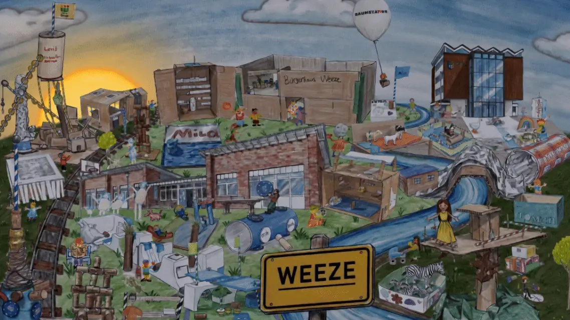 Wimmelbild-Panorama mit Sonnenaufgang